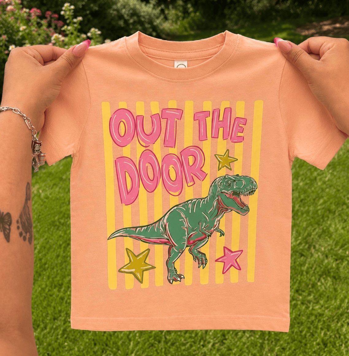 Shipping Dept. Youth Small / Peach Out The Door Dinosaur - Childrens Grahpc Tees