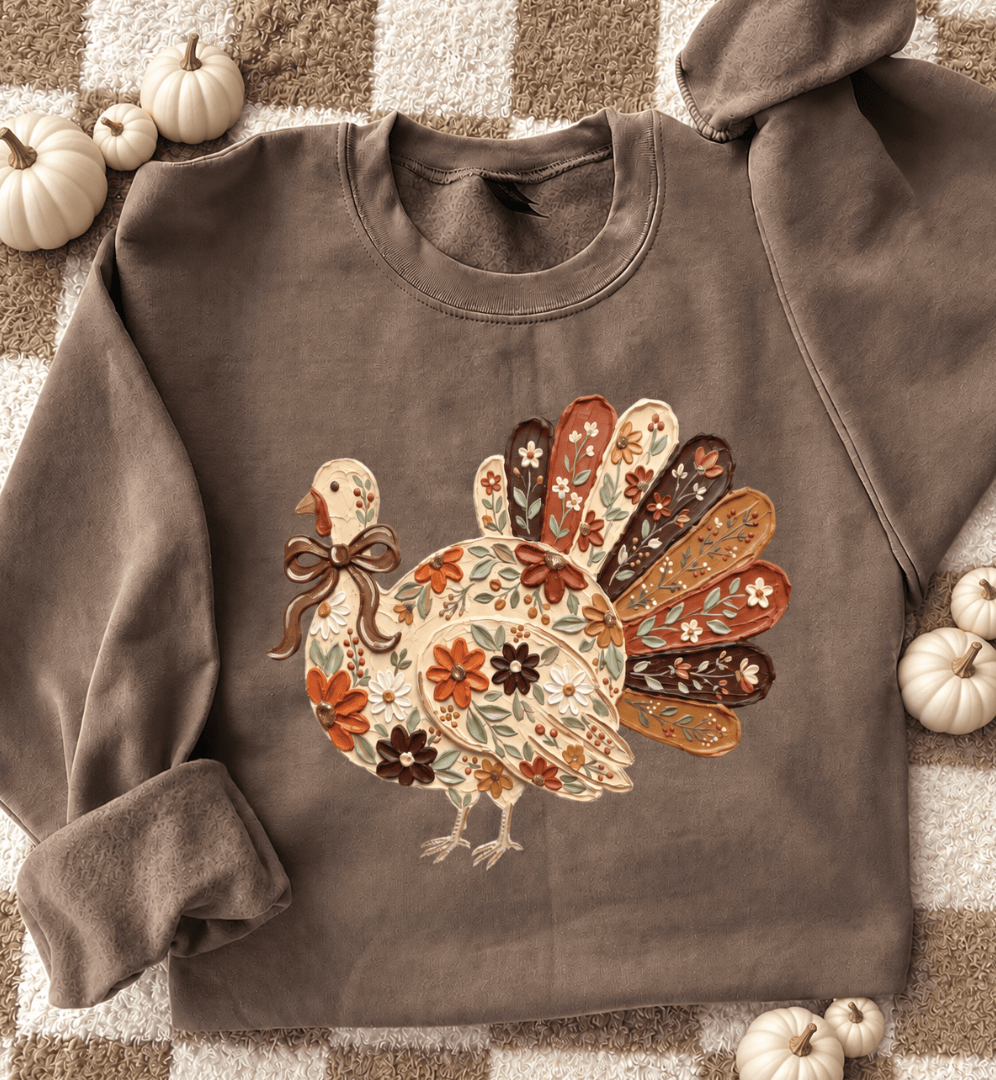 Shipping Dept. Painted Floral Turkey  - Mocha Sweatshirt