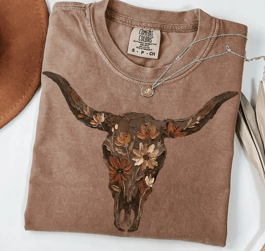 Shipping Dept. SMALL / Comfort Color Tee - Espresso Painted Floral Western Cow Skull -  Tees and Sweatshirts