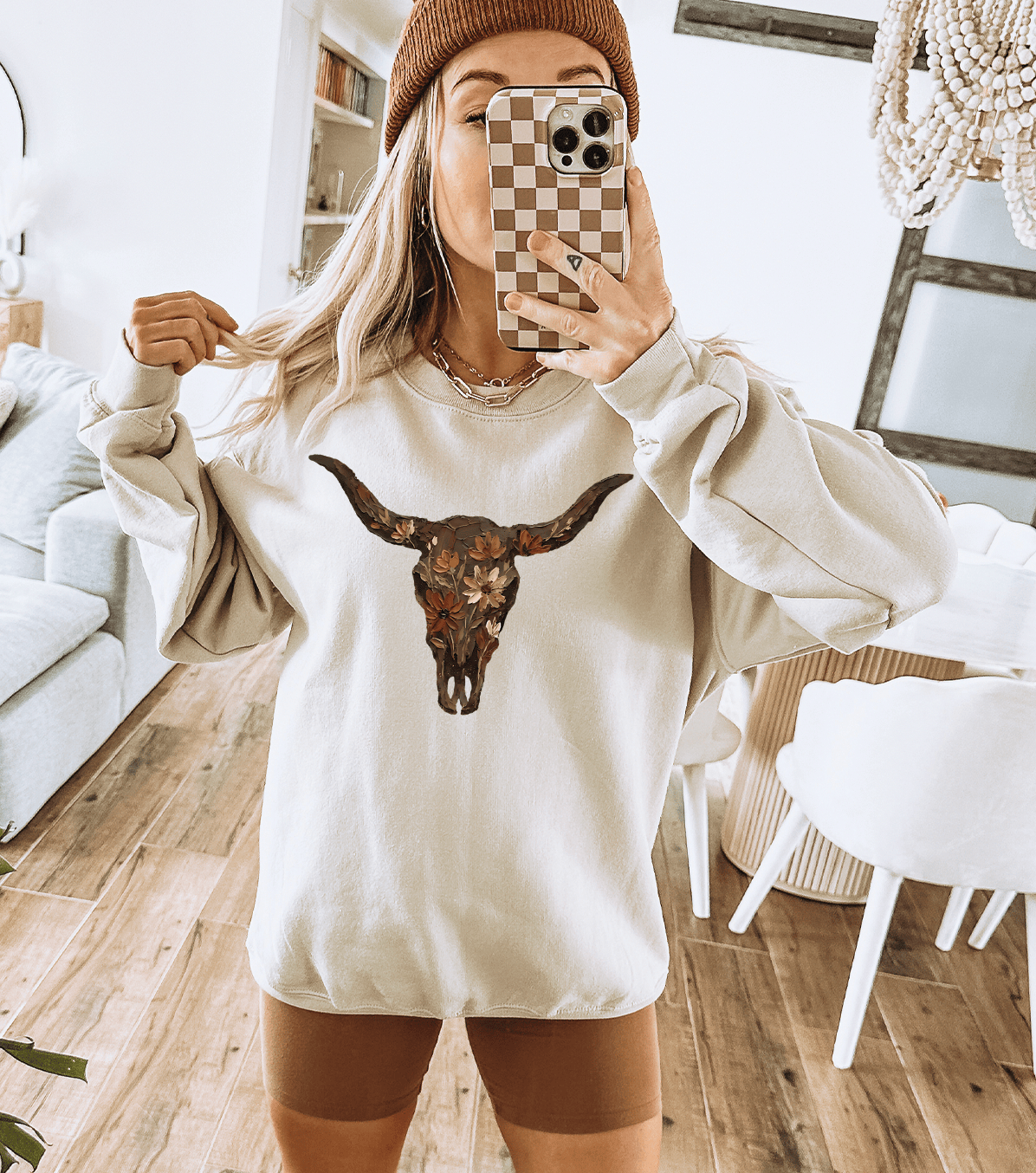 Shipping Dept. SMALL / Cream Sweatshirt Painted Floral Western Cow Skull -  Tees and Sweatshirts