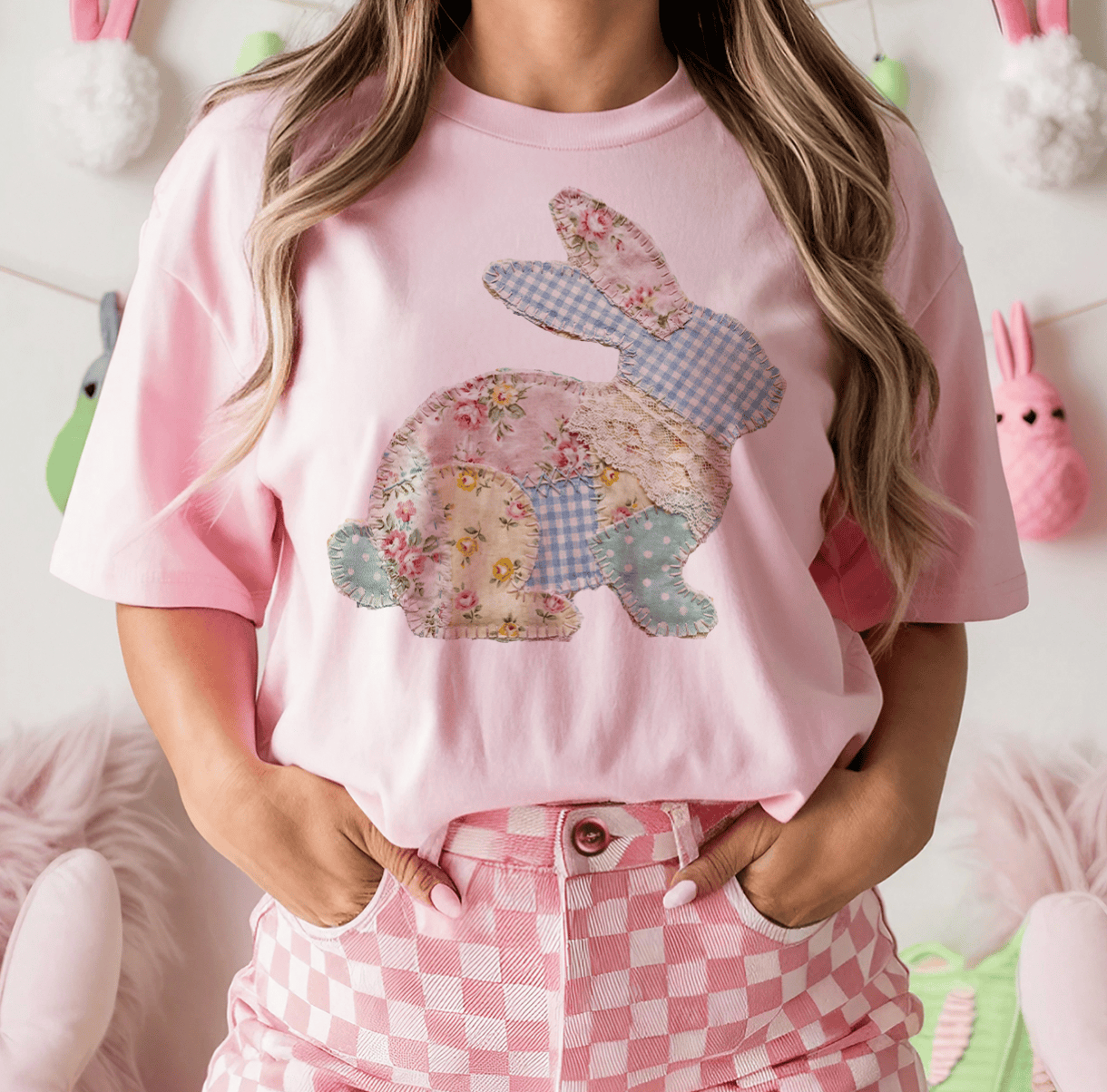 MISSMUDPIE Small / Light Pink T-Shirt Patchwork Easter Bunny - Multiple Color Options