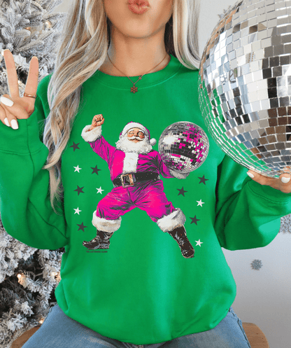 Shipping Dept. SMALL / Green Sweatshirt Pink Disco Dancing Santa