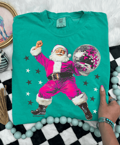 Shipping Dept. SMALL / Island Green - Comfort Color Tee Pink Disco Dancing Santa