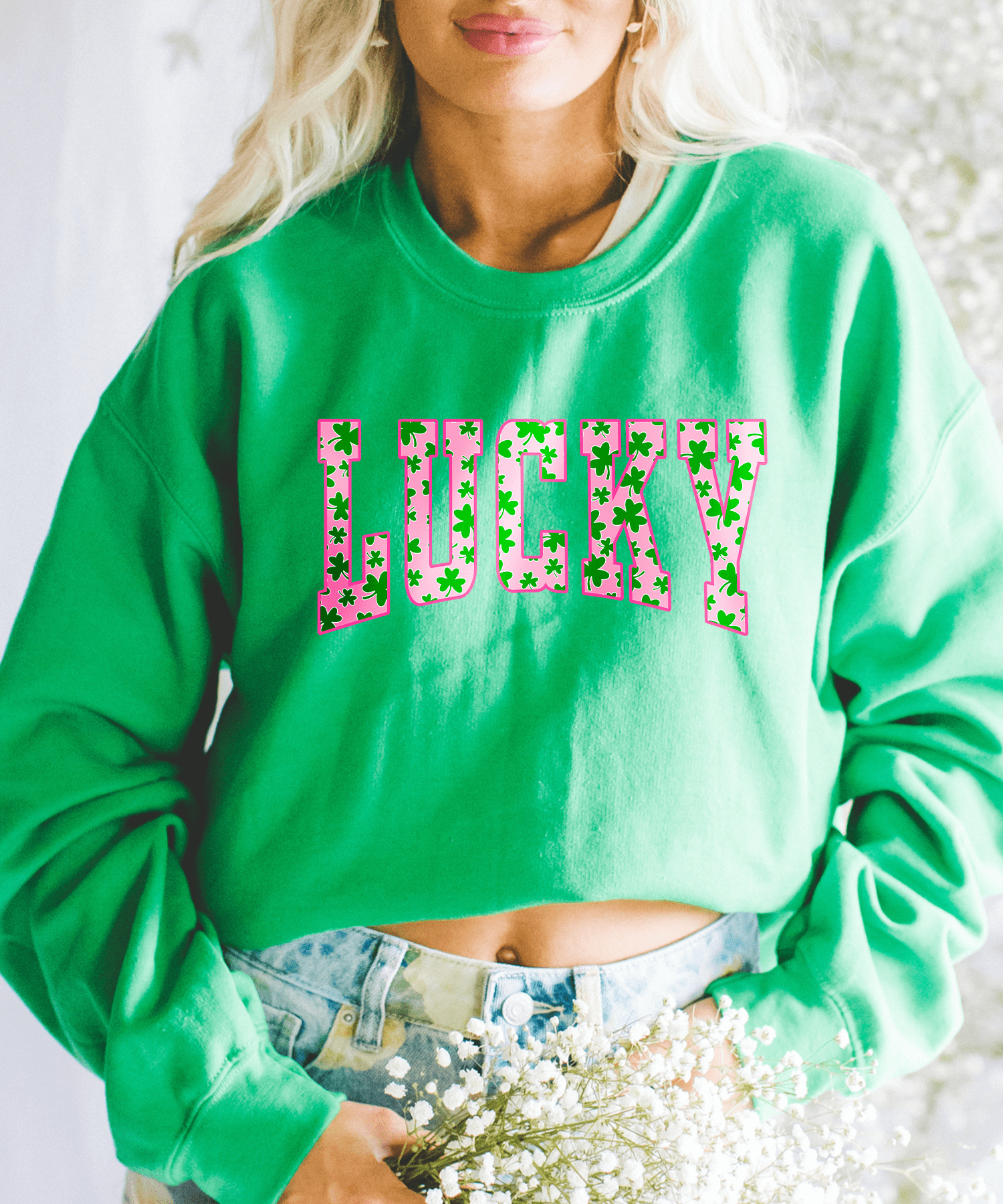 MISSMUDPIE Pink Lucky Shamrocks - Green Sweatshirt