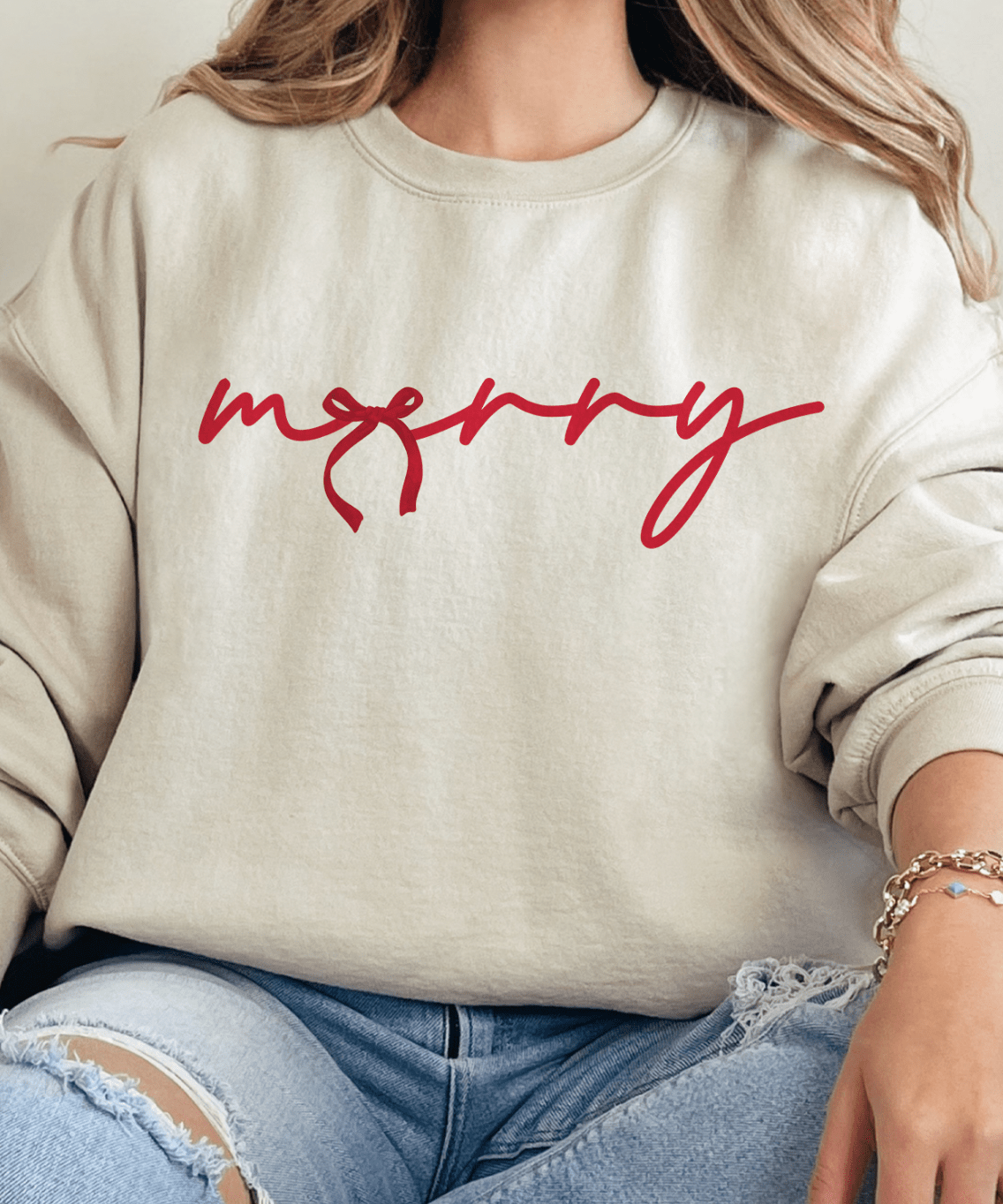 Shipping Dept. SMALL / Cream Sweatshirt Red Merry Bow - Multiple Color Options