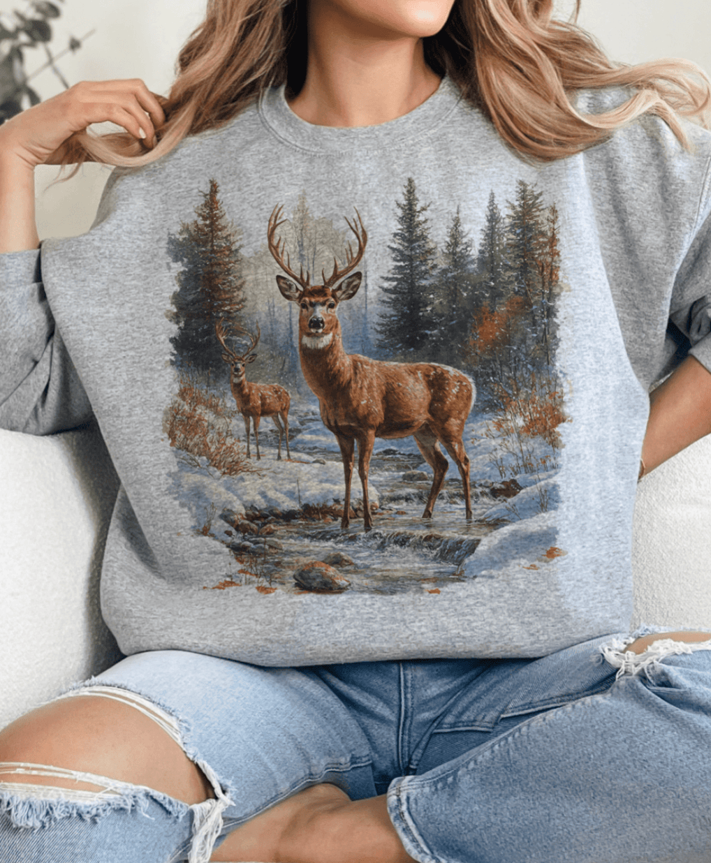 Shipping Dept. Retro Deer Scene - Heather Gray - Sweatshirt