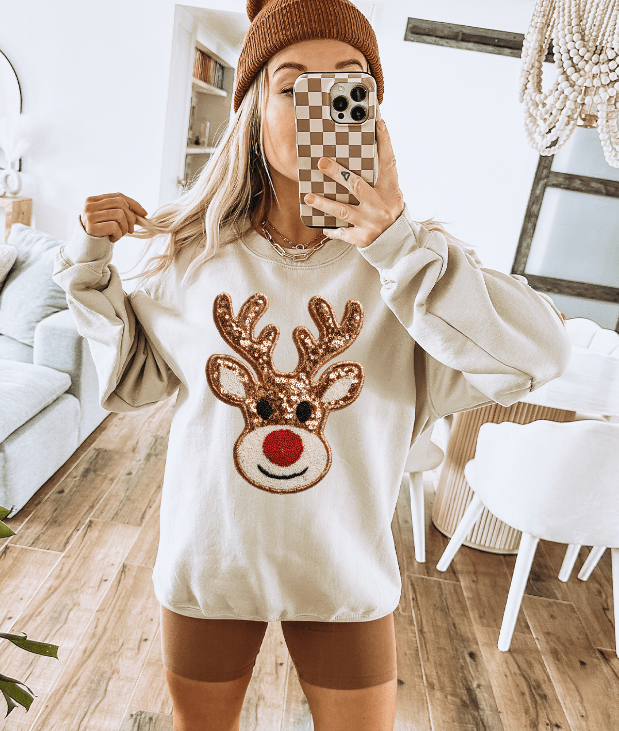 Shipping Dept. SMALL / Cream Sweatshirt Rudolph Red Nose Faux Sequin Reindeer