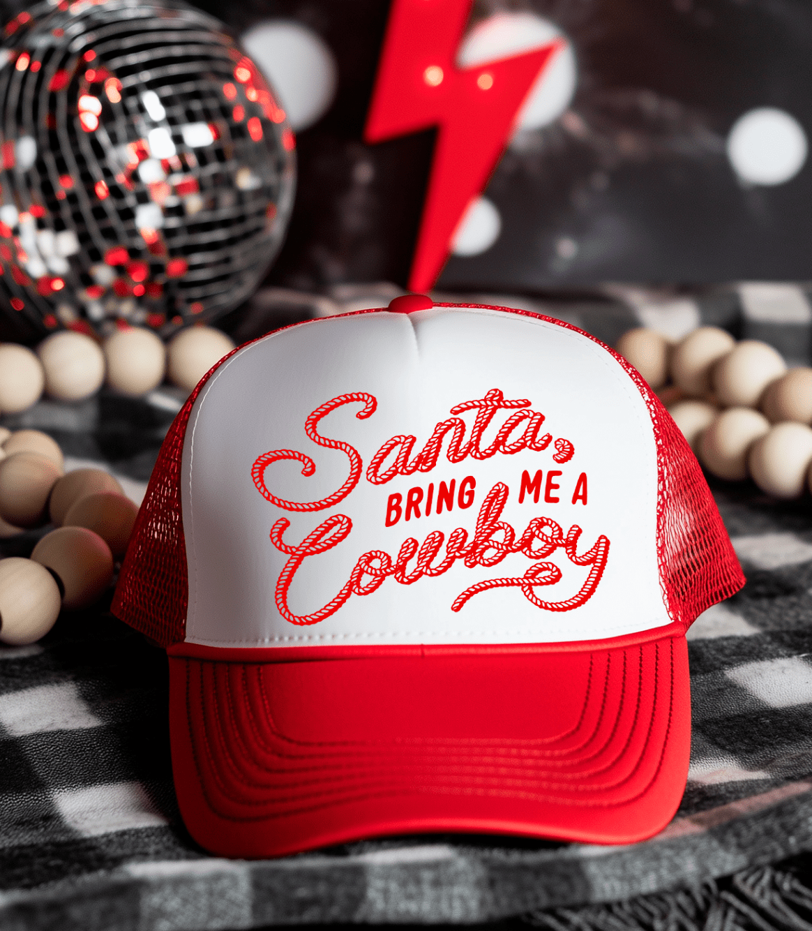 Shipping Dept. Red/White Trucker Santa Bring Me A Cowboy Otto Trucker Hats