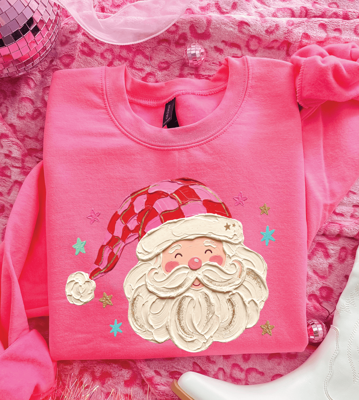 Shipping Dept. Santa Checkered Hat - Neon Pink Sweatshirt