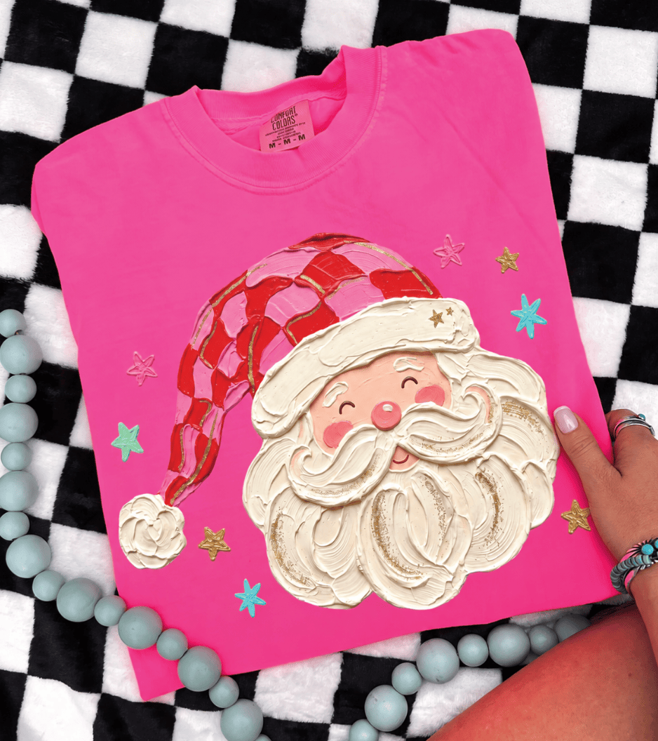 Shipping Dept. Santa Checkered Hat on Comfort Color Unisex Neon Pink Tee