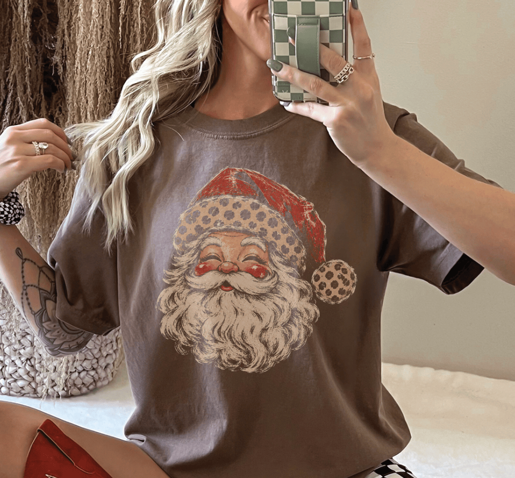 Shipping Dept. Santa Cheetah Hat - Espresso Comfort Color Unisex Tee