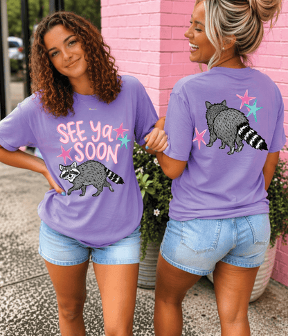 Shipping Dept. Adult SMALL / Comfort Color Neon Violet See Ya Soon Racoon - Comfort Color Tee Multiple Options