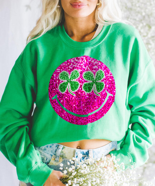 Sequin Shamrock Smiley - Green Sweatshirt