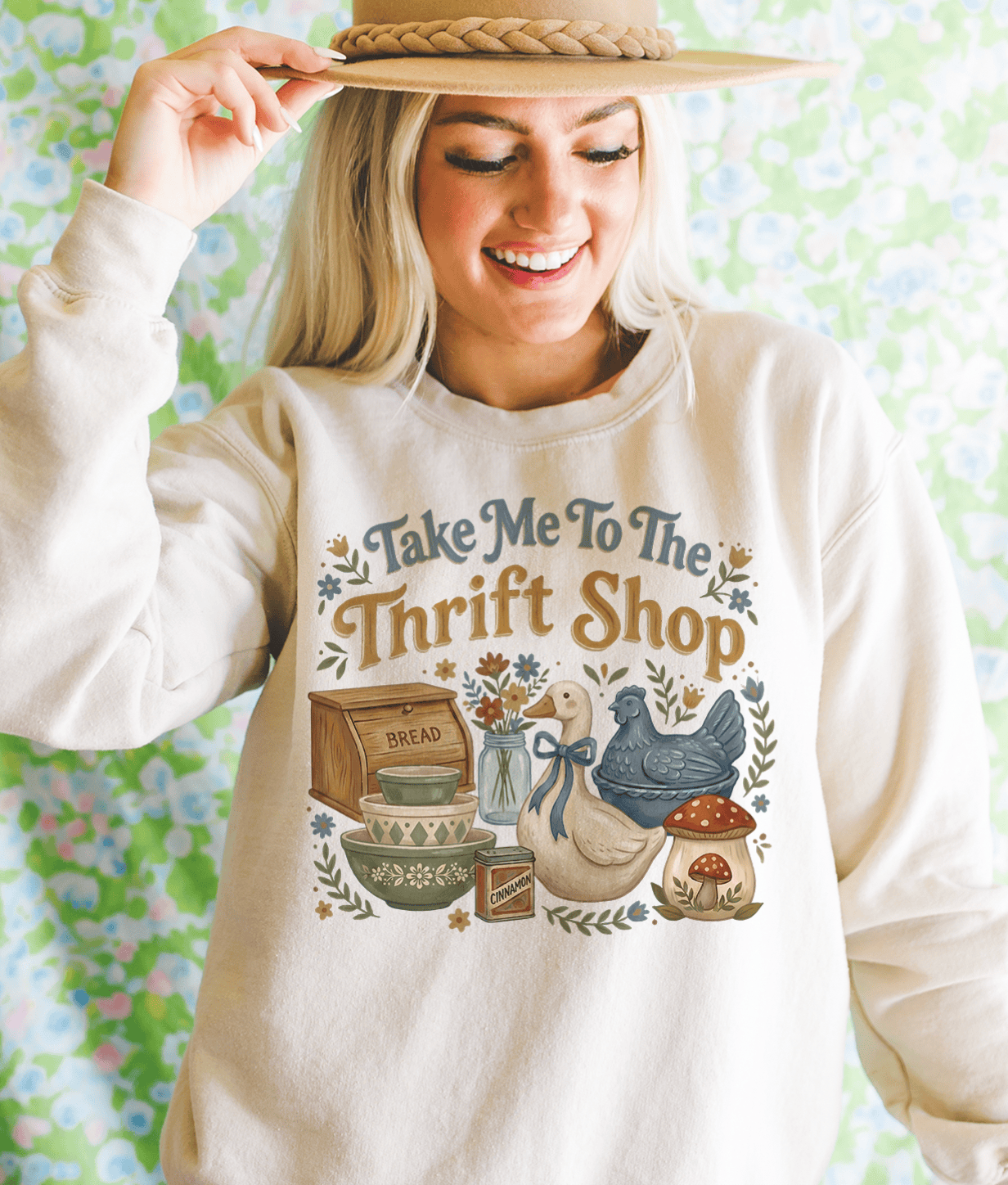 Shipping Dept. Adult SMALL / Cream Sweatshirt Take Me To The Thrift Shop - Tee or Sweatshirt