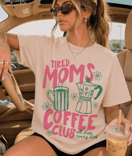 Shipping Dept. Tired Moms Coffee Club Pink and Green - Cream Tee