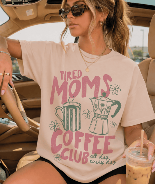 Shipping Dept. Tired Moms Coffee Club Pink and Green - Cream Tee