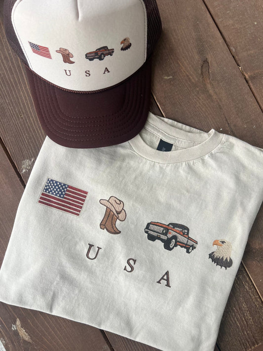 Shipping Dept. USA FAUX EMBROIDERED ICONS - Cream Tee