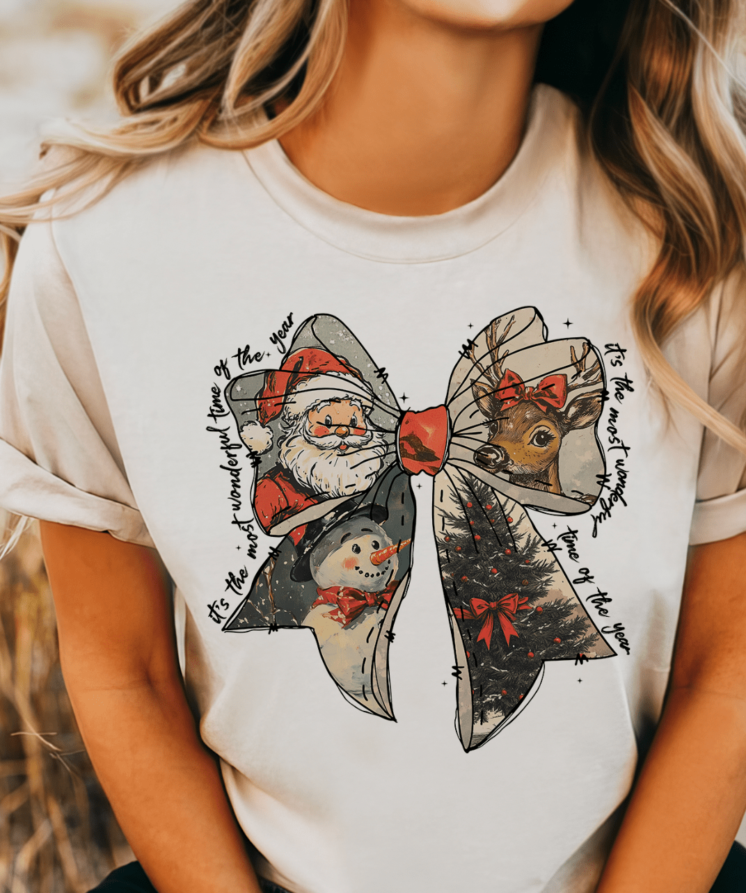Shipping Dept. SMALL / Cream T-Shirt Vintage Christmas Bow