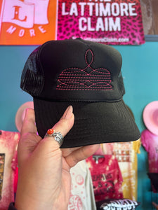 Shipping Dept. Hot Pink Western Boot Stitch Trucker Cap BLACK - Multiple Thread Color Options