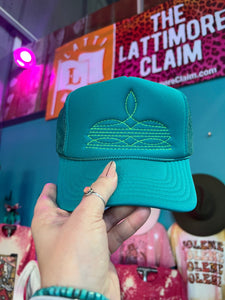 Shipping Dept. Neon Green Western Boot Stitch Trucker Cap JADE - Multiple Thread Color Options