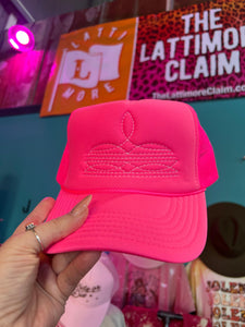 Shipping Dept. White Western Boot Stitch Trucker Cap SOLID NEON PINK - Multiple Thread Color Options