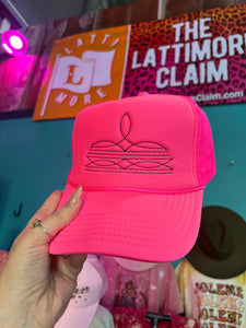 Shipping Dept. Black Western Boot Stitch Trucker Cap SOLID NEON PINK - Multiple Thread Color Options
