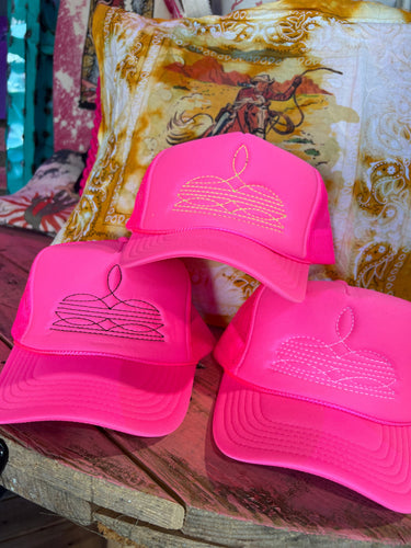 Shipping Dept. Western Boot Stitch Trucker Cap SOLID NEON PINK - Multiple Thread Color Options