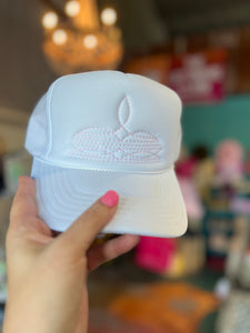 Shipping Dept. Baby Pink Western Boot Stitch Trucker Cap WHITE - Multiple Thread Color Options