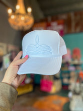 Load image into Gallery viewer, Shipping Dept. Baby Blue Western Boot Stitch Trucker Cap WHITE - Multiple Thread Color Options
