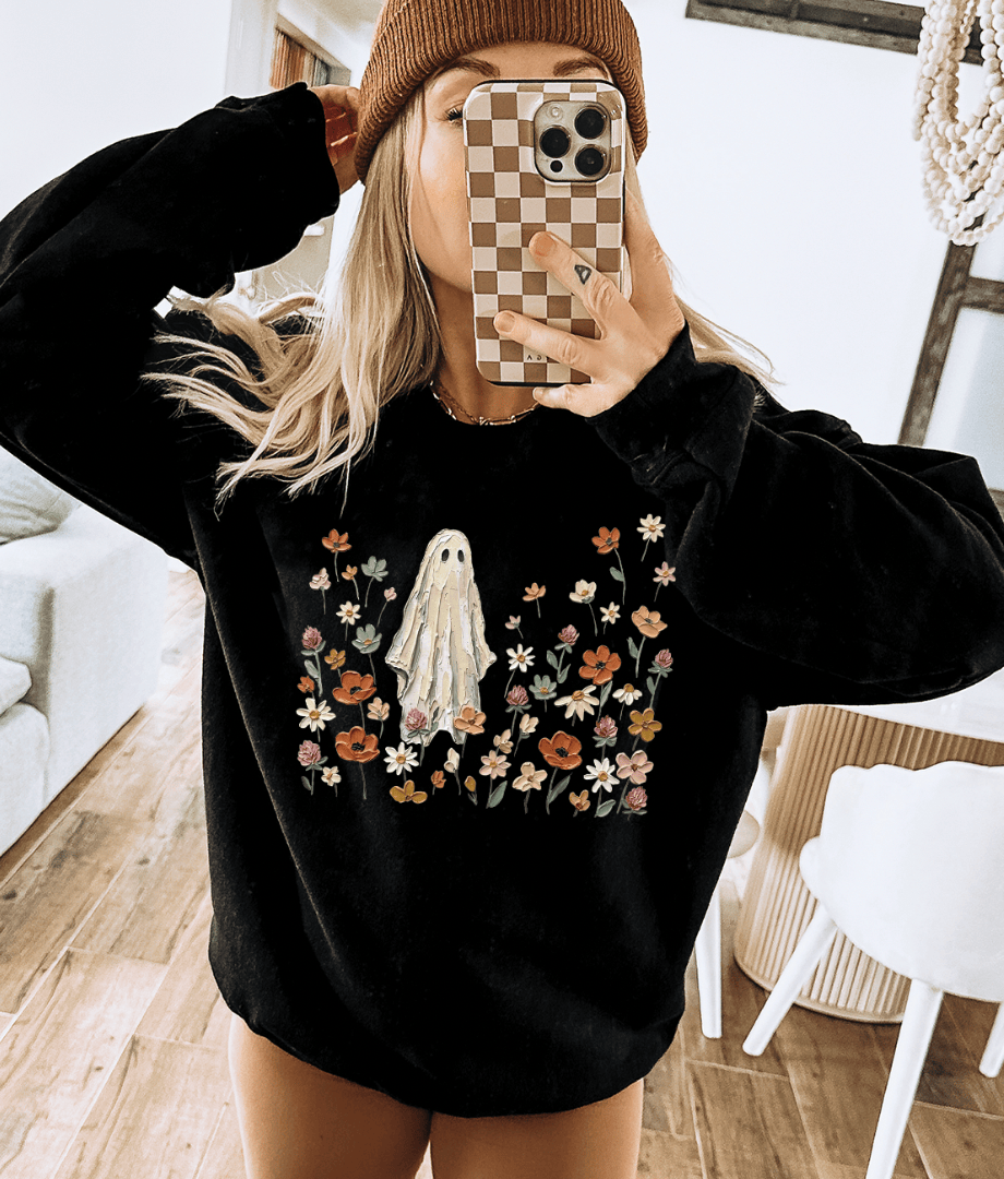 Shipping Dept. SMALL / Black Sweatshirt Wildflower Ghost Halloween -  Tees and Sweatshirts