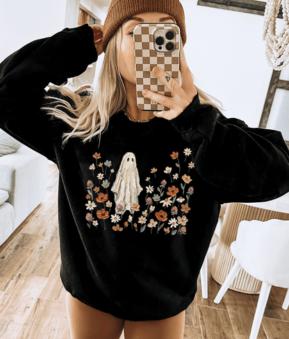 Shipping Dept. SMALL / Black Sweatshirt Wildflower Ghost Halloween -  Tees and Sweatshirts