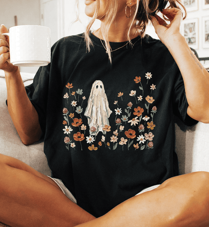 Shipping Dept. SMALL / Black T-Shirt Wildflower Ghost Halloween -  Tees and Sweatshirts