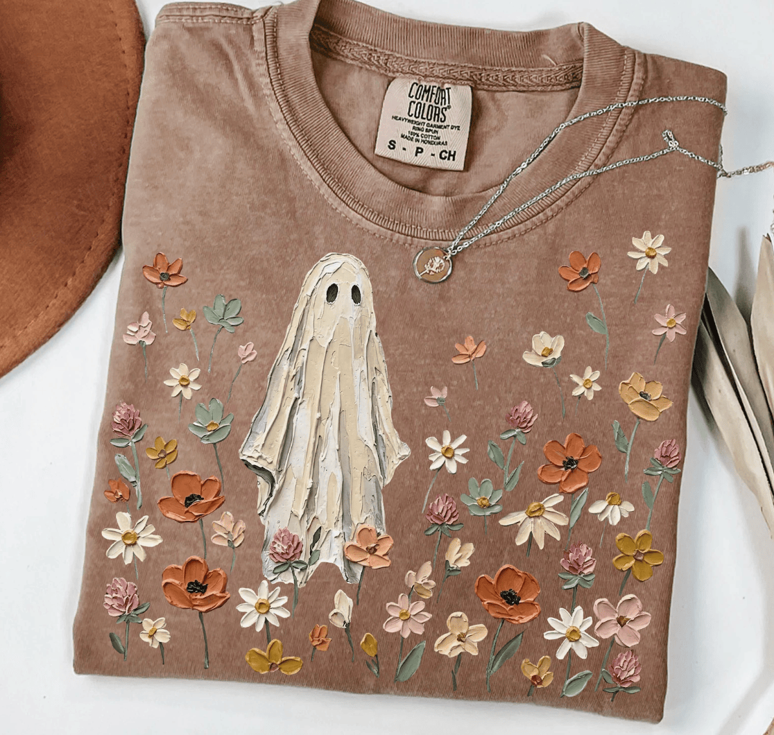 Shipping Dept. SMALL / Comfort Color Tee - Espresso Wildflower Ghost Halloween -  Tees and Sweatshirts