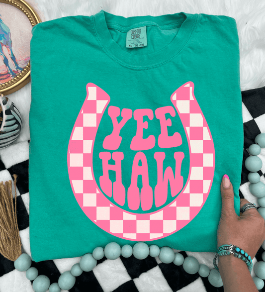 Shipping Dept. Yee Haw Pink Checkered Horseshoe  - COMFORT COLOR - Island Green