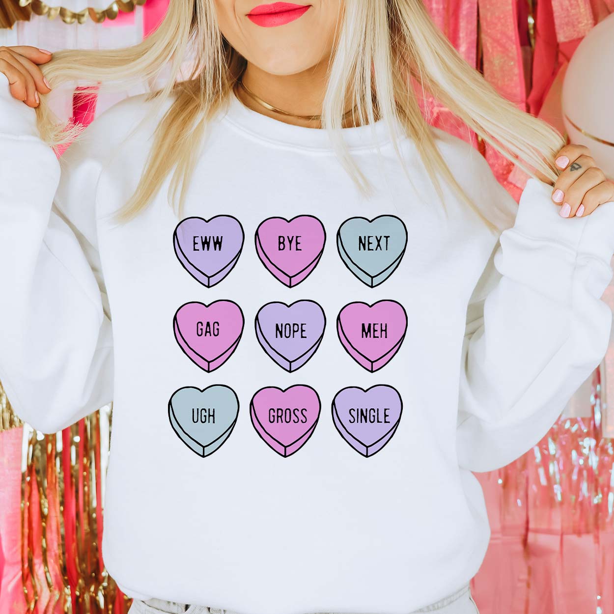 MISSMUDPIE Candy Heart Anti Valentine - White fleece lined Sweatshirt
