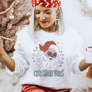 MISSMUDPIE Christmas Vibes Santa with Peace Glasses  - White Sweatshirt