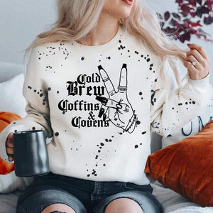 MISSMUDPIE Cold Brew Coffee and Covens  - White Sweatshirt with Black Paint Splatter