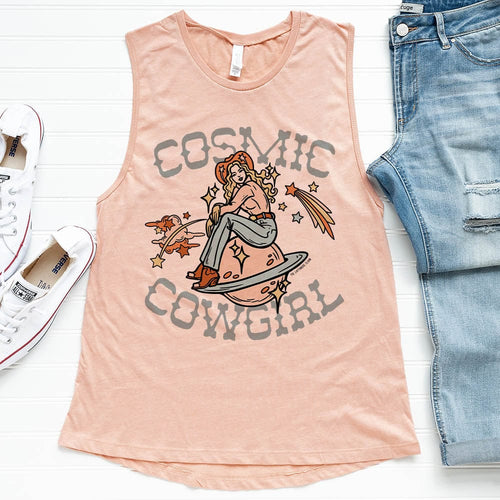 Shipping Dept. Cosmic Cowgirl with Stars - Heather Pink-  Festival Tank