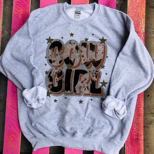 MISSMUDPIE COW GIRL with stars -  by Clementines Designs - Gray Sweatshirt