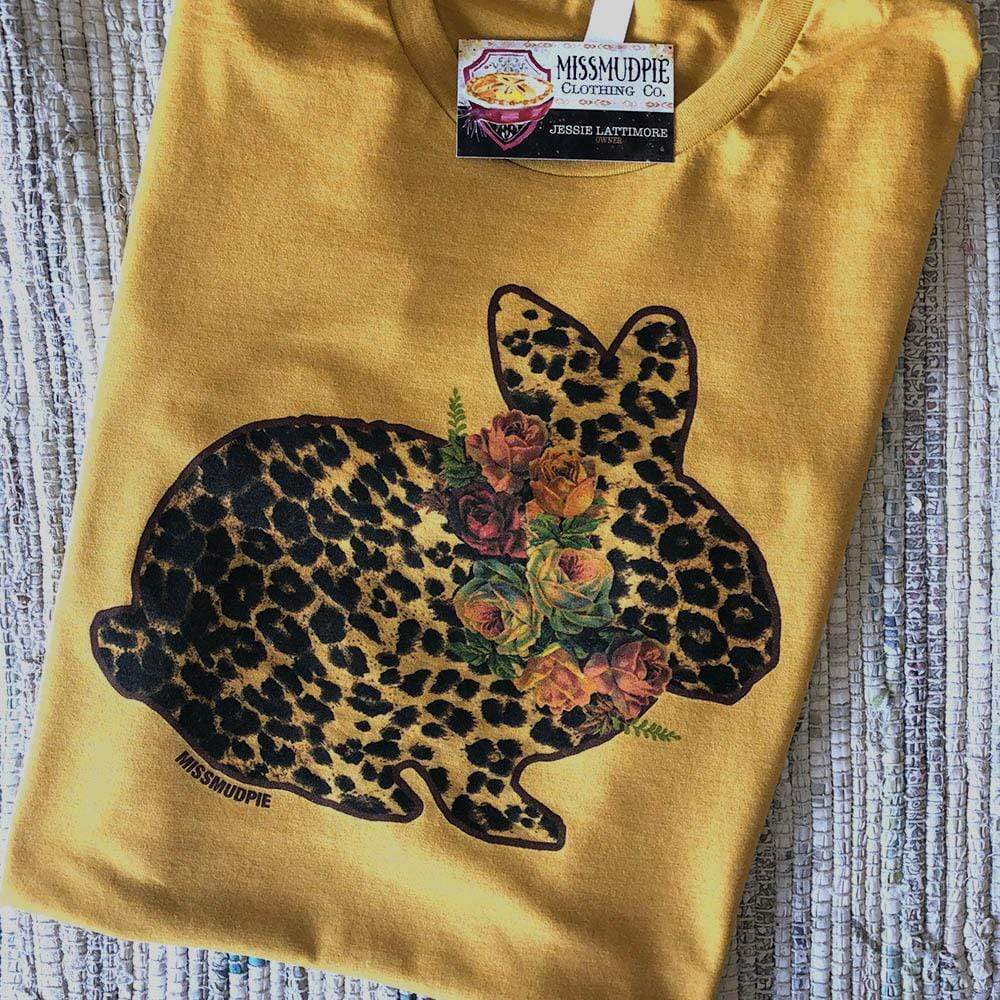 MISSMUDPIE EASTER Leopard Bunny with Flowers - Mustard