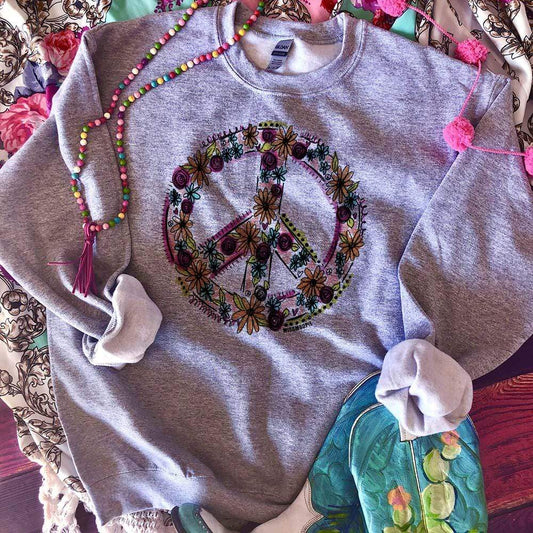 MISSMUDPIE Floral Peace Sign - gray sweatshirt