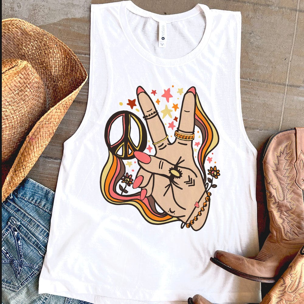 Shipping Dept. Groovy Peace Hand - White -  Festival Tank