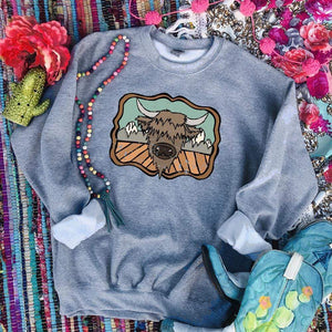 Shipping Dept. "HIGHLAND COW and the MOUNTAINS" on GRAY SWEATSHIRT - THE ROAMING SAGUARO COLLECTION by Meghan Wolff