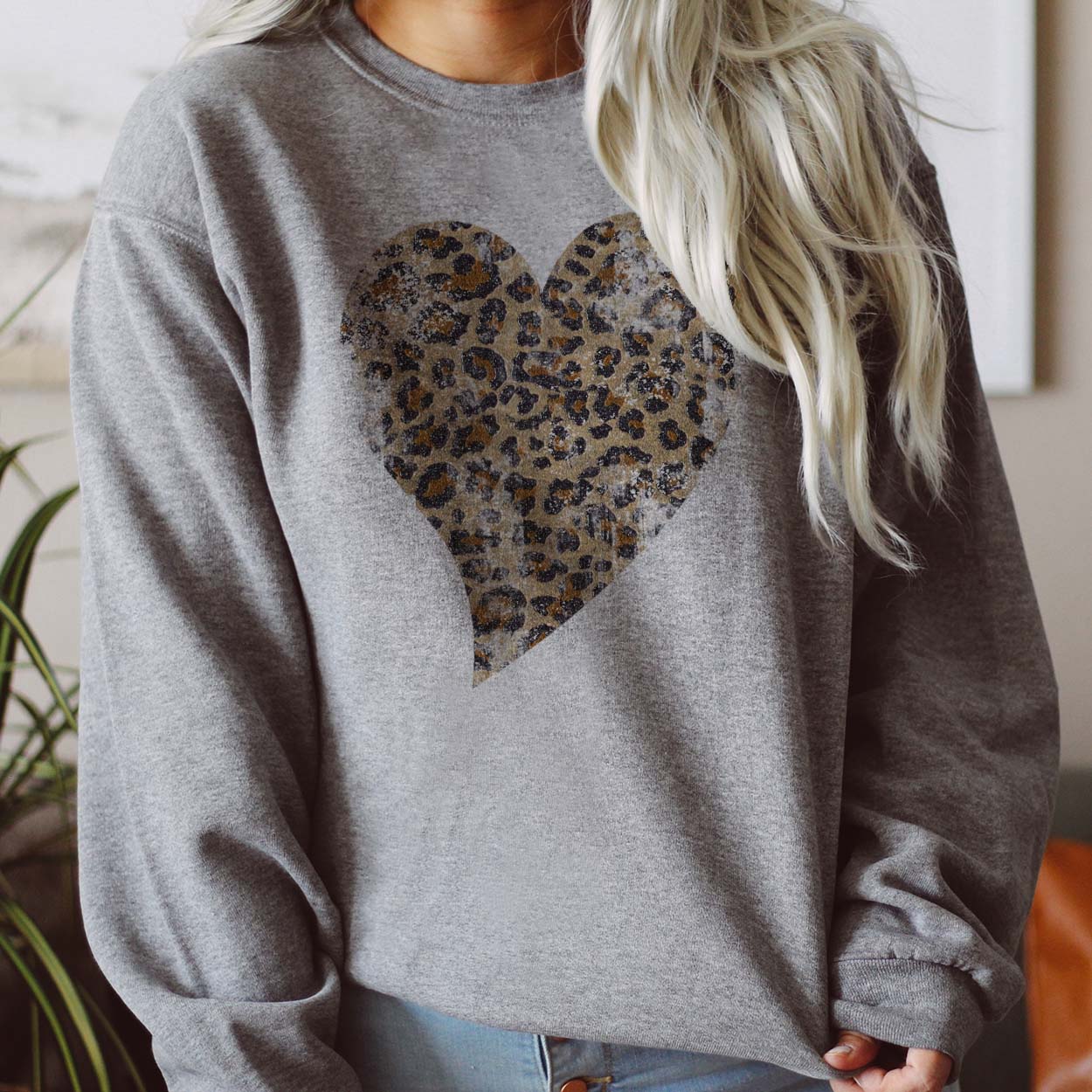 Leopard Heart Distressed Sweatshirt - Heather Gray – Shipping Dept.