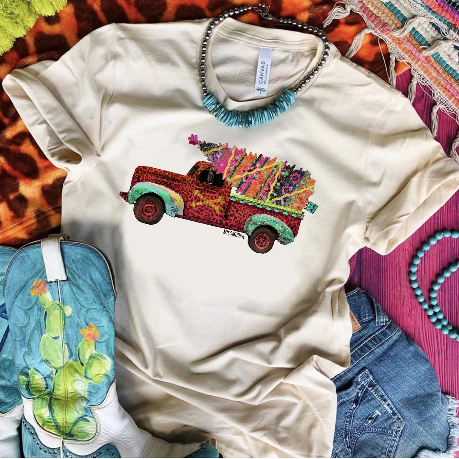 MISSMUDPIE Leopard Truck with Serape Christmas Tree - CREAM