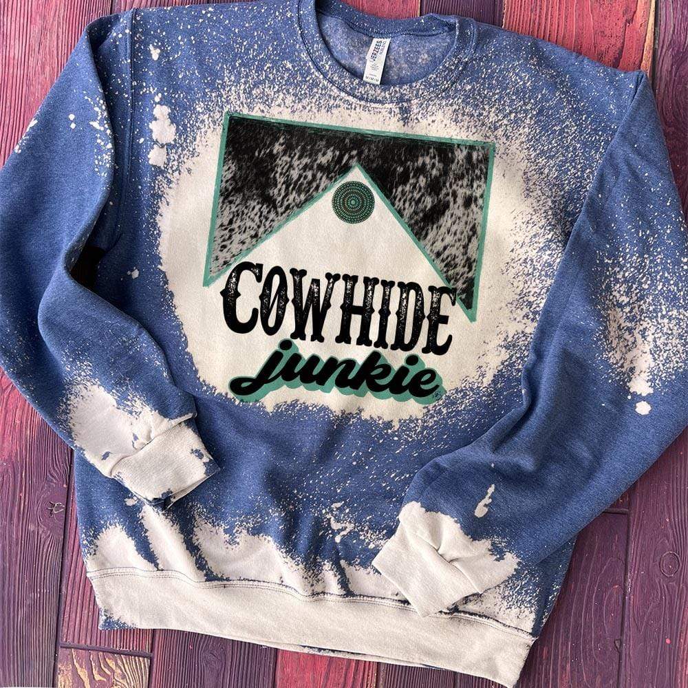 MISSMUDPIE LIMITED QUANTITIES !! Cowhide Junkie - Bleached Vintage Heather Blue Fleece Lined Sweatshirt