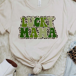 Shipping Dept. Cream Tee / Small Lucky Mama leopard background - Multiple Color & Style Options