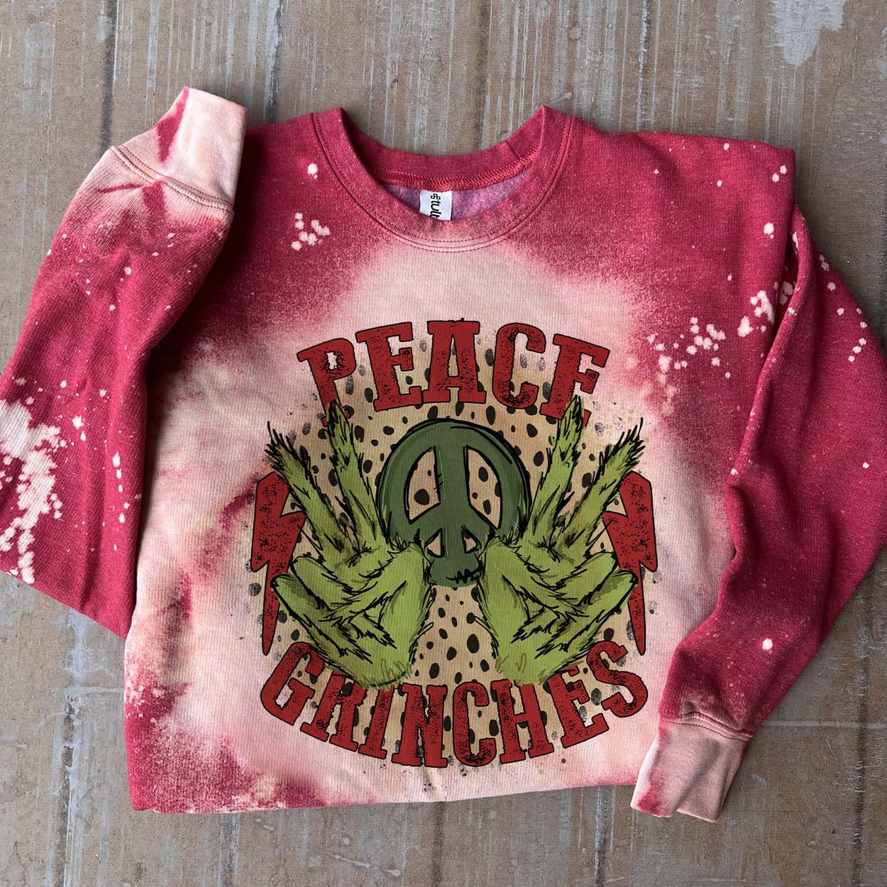 MISSMUDPIE Peace Grinches - Red Bleached -  fleece lined sweatshirt