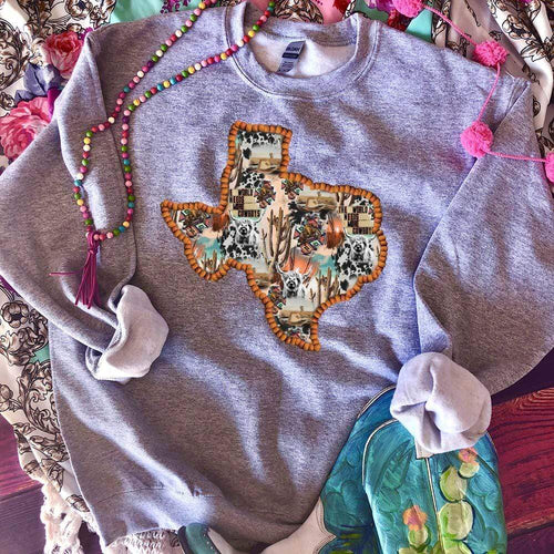 MISSMUDPIE Texas Western Collage with Cactus & Highland Cow - gray sweatshirt *U*