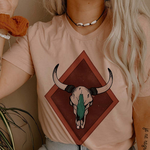 Shipping Dept. Turquoise Cow Skull DESERT ROSE T-Shirt - THE ROAMING SAGUARO COLLECTION by Meghan Wolff